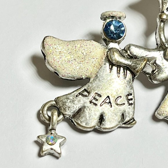 Vintage Christmas Angel Brooch Pin Silver Tone PEACE ON EARTH Star Blue Crystal - Picture 4 of 9